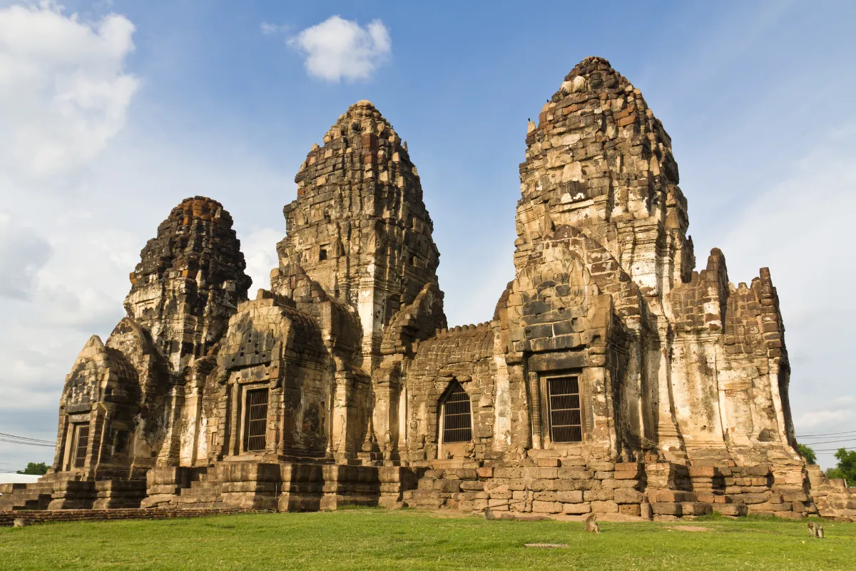 Historic Prang Sam Yod temple with Khmer architecture in Lopburi